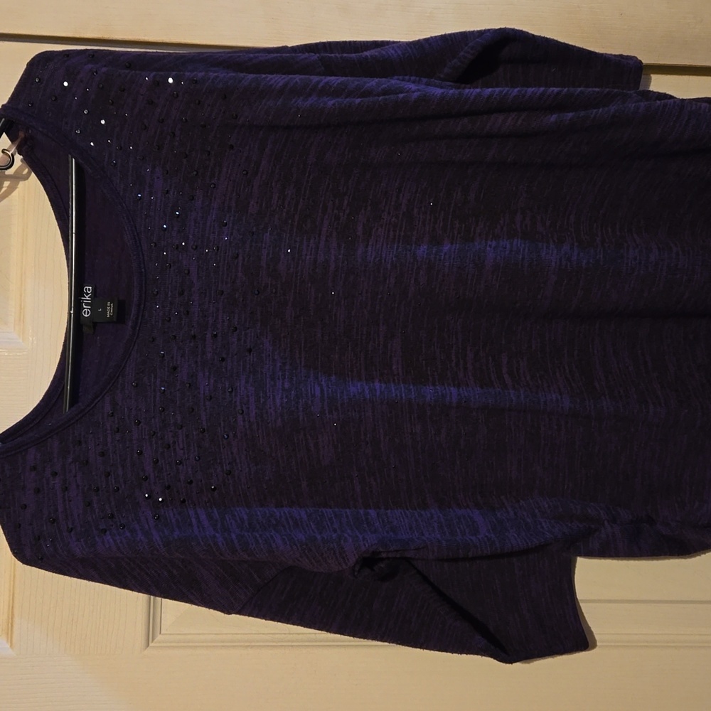 Erika 3/4 sleeve purple  and  black sweater. SIZE Large.